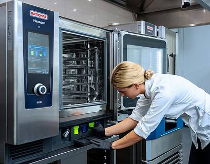 Cocinera insertando cartucho de limpieza en horno combinado RATIONAL iHexagon en cocina profesional