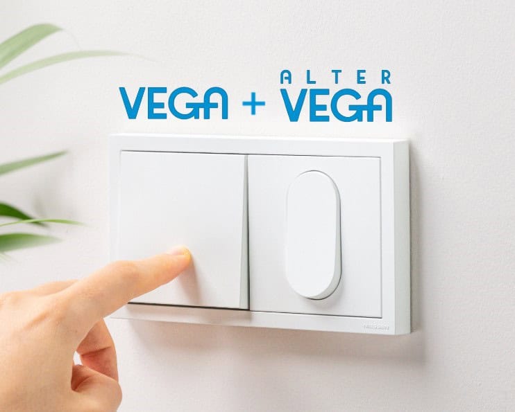 Colección Vega y Alter Vega de Niessen, premiada con el Red Dot 2026, con mecanismo de tecla recta y curva en acabado blanco