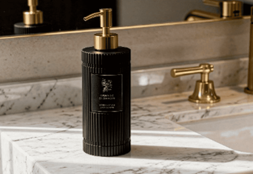 Dispensador rellenable Ecofill Stonecast acabado blanco con relieve sobre encimera de mármol en baño de hotel de lujo
