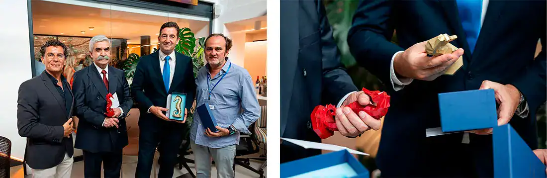 Carlos Hernández-Carrillo Lozano, CEO de Estudio b76, Jaime Alonso Gómez, Exdecano de la Universidad de San Diego y EGADE, Carlos Díez de la Lastra, CEO de Les Roches y el escultor Felipao en la entrega de la obra Fidelius como presente a los ponentes.