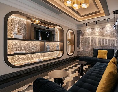 Interiorismo del hotel Eurostars Lisboa Baixa por PF1 Interiorismo Contract, con mural del tranvía lisboeta y estética inspirada en el fado