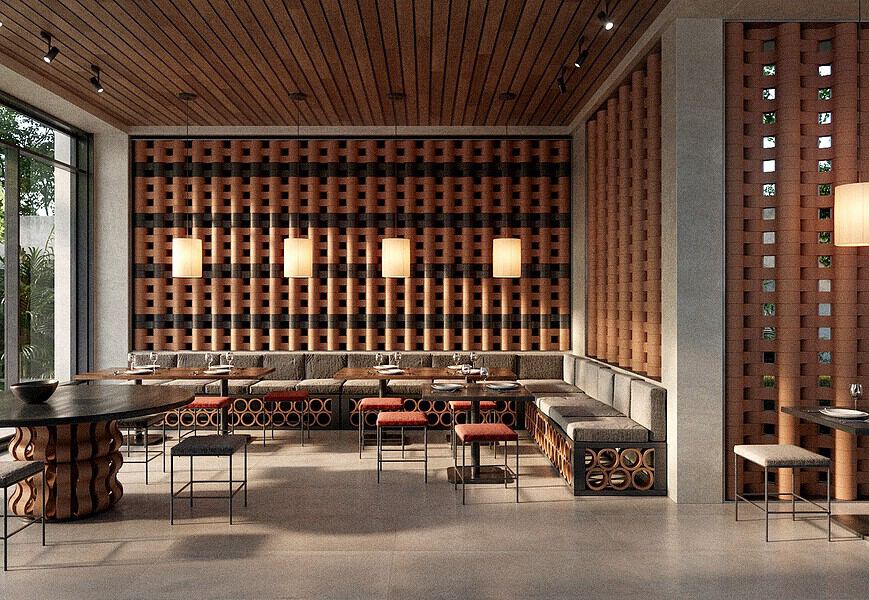Interior de restaurante con sistema modular cerámico O-Buit de Gresmanc Group, con piezas extrusionadas en terracota formando composición tridimensional en pared de fondo