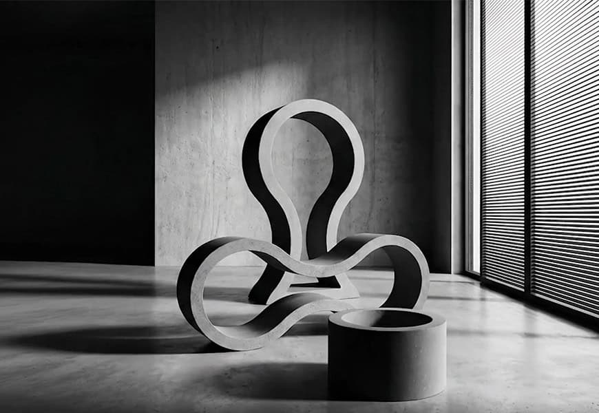 Piezas cerámicas extrusionadas del sistema modular O-Buit de Gresmanc Group en blanco y negro con forma de infinito y geometría escultórica