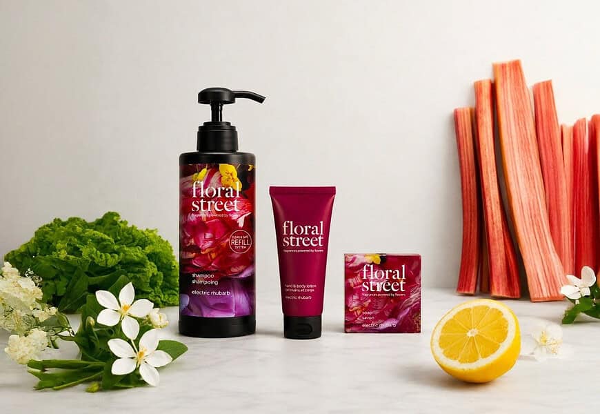 Línea de amenities hoteleras Floral Street de Groupe GM con champú, loción y jabón de fragancia Electric Rhubarb junto a ruibarbo, limón y flores