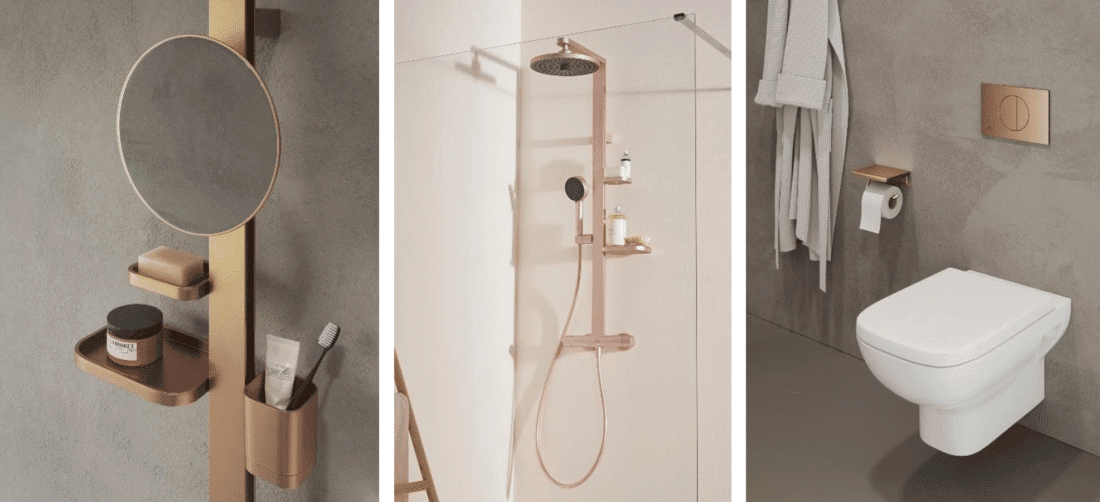Beauty Bar en acabado bronce, sistema de ducha en acabado Rosé y accesorios coordinados en bronce 